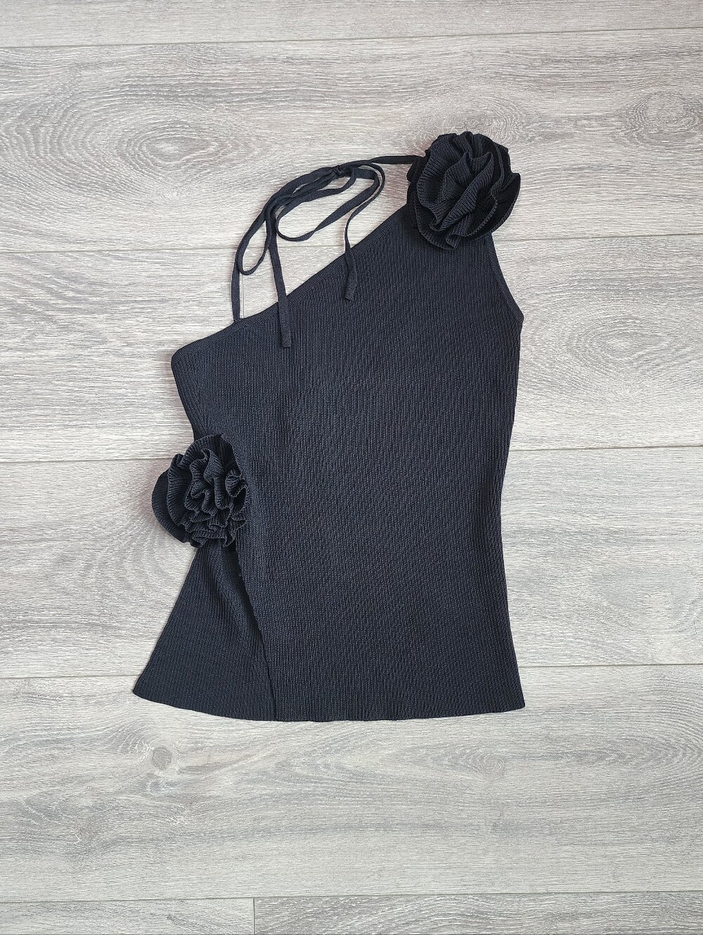 Asymmetric One-Shoulder Black Halter w/ Floral Rosette Accents Large Romantic
